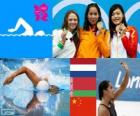 Плавание вольным 100 метров, окончившимся Kromowidjojo (Нидерланды), Aliaxandra Herasimenia (Беларусь) и Тан Йи (Китай) - Лондон-2012 - подиум